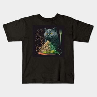 Spaghetti Noodles And British Shorthair Cat Kids T-Shirt